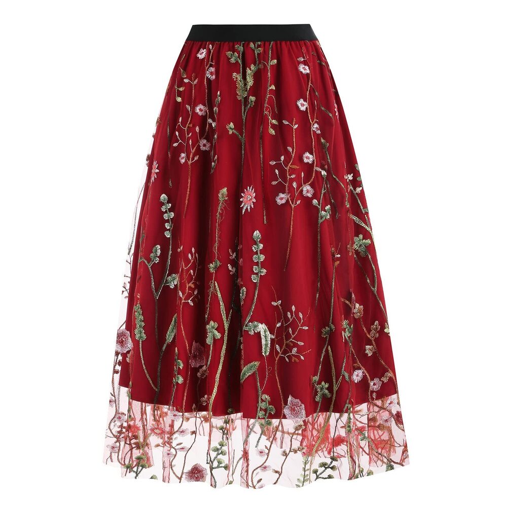 7702 Vintage Floral Embroidered Tulle Midi Skirt 50s Party Elastic High